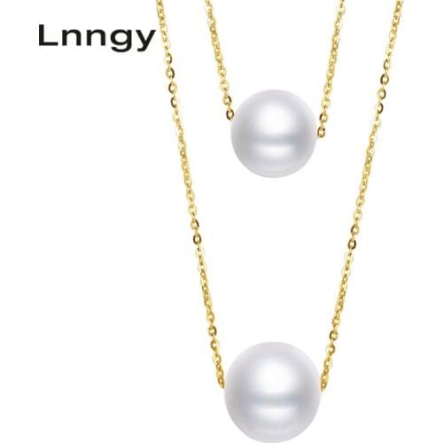 Lnngy 18K Yellow Gold Natural Cultured Freshwater Pearl Elegant Women Engagement Necklaces for Wedding Real 18k Gold Jewelry