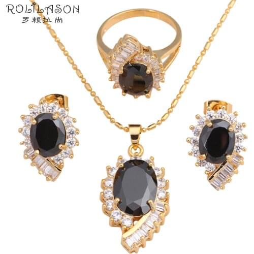 Delicate Black Crystal Inlay Cool Fashion Jewelry Set gold Tone Necklace Earrings Ring sz #6#7#8#9#10 for women JS569