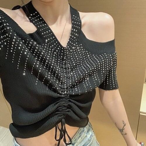 2020 New Slim Fit Diamonds V-Neck Short Sleeve Fashion T-Shirt Womens Summer Sexy Open Shoulder Black Crop Tops Remeras Mujer