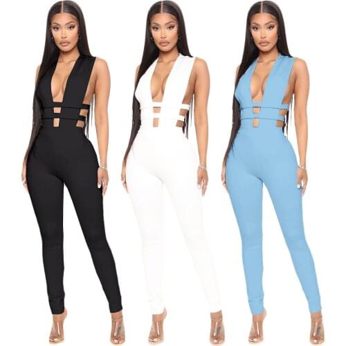 Solid Bodycon Women Long Jumpsuits Sexy Deep V Neck Sleeveless Hollow Out Workout Overalls Sportswear Fashion Basic Jumpsuit