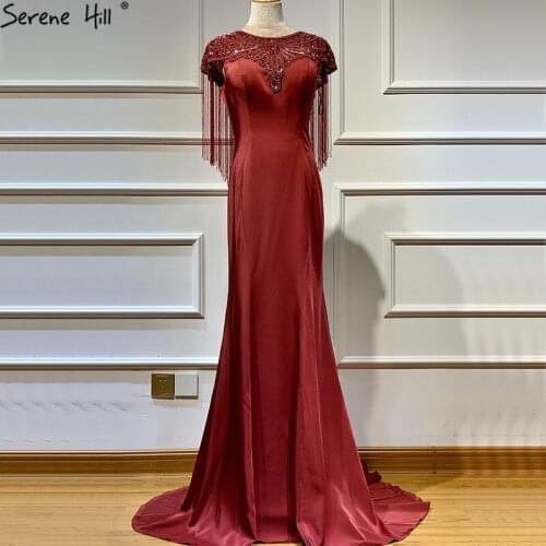 Dubai Design Wine Red O-Neck Prom Dresses Beading Tassel Luxury Sleeveless Prom Gowns 2020 Serene Hill BLA60848