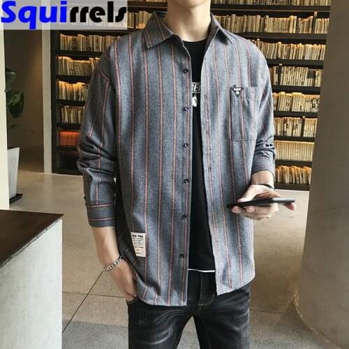 Plaid striped shirt mens long-sleeved spring and autumn mens shirt, handsome shirt mens clothing
