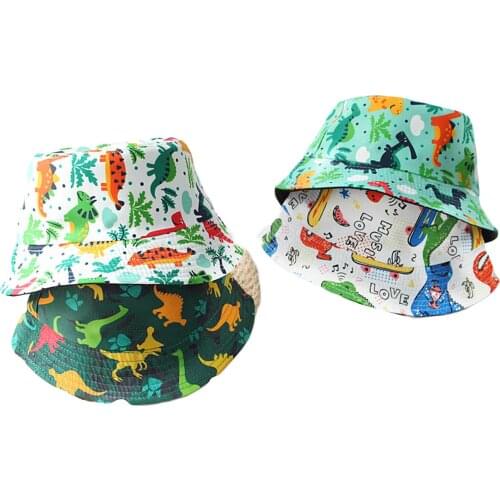 New Boys Girls Causal Hats Cartoon Dinosaur Print Short Brim Sun Protection Fisherman Hat