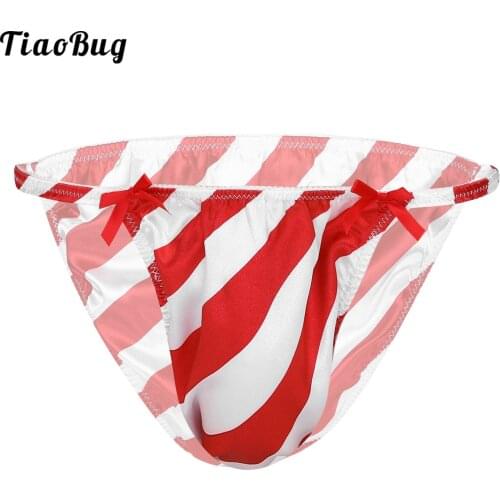 TiaoBug Men Shiny Satin Red&White Striped Low Rise Christmas Sissy Panties Sting Bikini Breifs Underwear