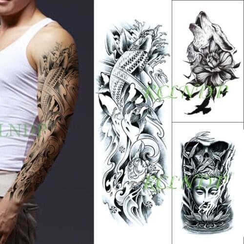 Waterproof Temporary Tattoo Stickers dark fish full arm sleeve wolf head Buddha flower arm fake tatto flash tatoo for men women