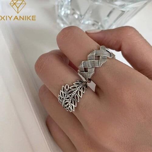 XIYANIKE 925 Sterling Silver Geometric Hollow Leaves Cross Braided Line Ring Female Fashion Retro Simple Jewelry Accessories