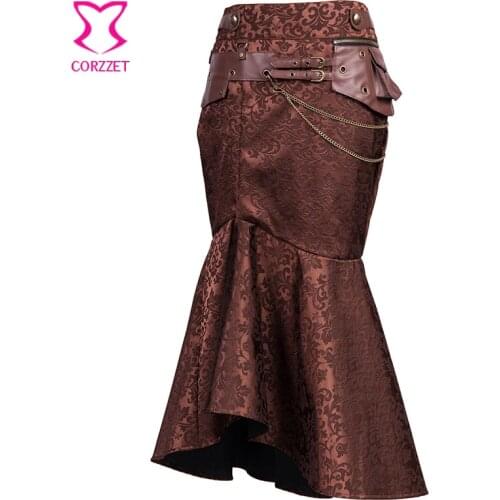 Corzzet Retro Brown Brocade Ruffle Sexy Gothic Skirt Trumpet Mermaid Gothic Long Steampunk Skirt Maxi Fishtail Victorian Skirt