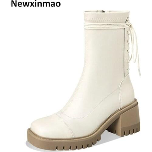 New genuine leather Vintage Platform Female Ankle Boots Zipper Round Toe Chunky Heels Shoes for Women Party Working Shoes Woman