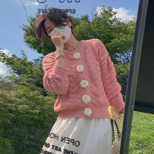 New Sweater Female Sweet Knitted Cardigan Women Autumn Winter Flower Button Coat Loose Short Jacket Knitwear Outerwear 2021