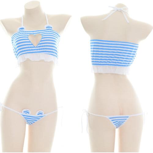 Kawaii Pajamas for Teen Girls Lingerie Cute Cat Blue Striped Pijama Micro Bikini Mini Bra and Panty Sexy Nightwear Pajama Shorts