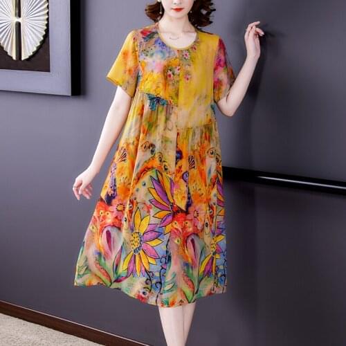 2021 Boho Vintage Floral Mulberry Silk Midi Dresses Summer Casual Print Chiffon Beach Dress Women Elegant Bodycon Party Vestidos