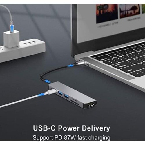 6 in 1 Type C Hub 3.0 to HDMI-compatible Adapter 4K Video USB3.0 SD/TF MicroSD Card Intelligent Docking Station Hub Fast