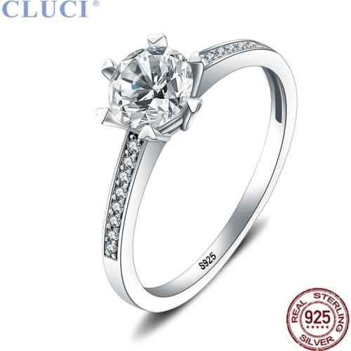 CLUCI Authentic 925 Sterling Silver Zircon Ring for Wedding Engagement Classic Six Claws Wedding Ring Jewelry DR1026SB