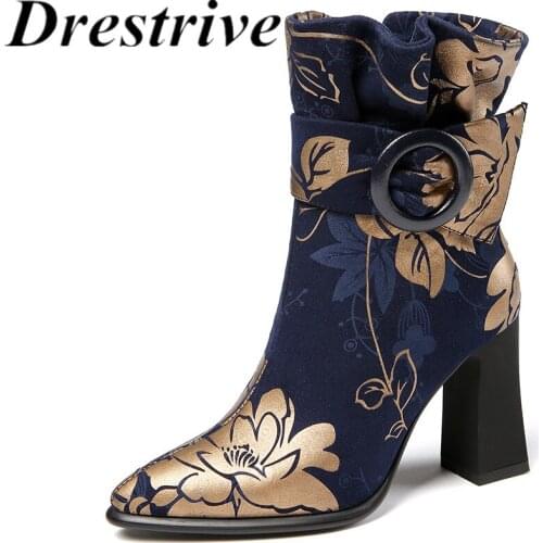 Drestrive Woman Ankle Boots High Heels 8.5 cm Pointed Toe Print Buckle Blue Zipper Flock Autumn Shoes Size 43 Flower