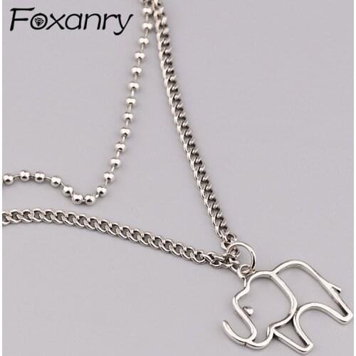 Foxanry 925 Sterling Silver Double Layer Chain Necklace New Trend Vintage Hollow Elephant Party Jewelry Gifts Girls Accessories