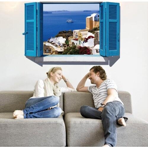 False window Aegean Sea landscape wall stickers PVC Material 3D Wall Poster For Living room Bedroom Background wall Home Decor