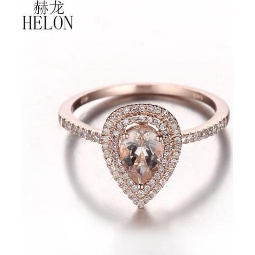 HELON Solid 10K Rose Gold Pear 5x7mm Genuine Morganite & Diamonds Engagement Wedding Ring Women Birthday Anniversarry Best Gift