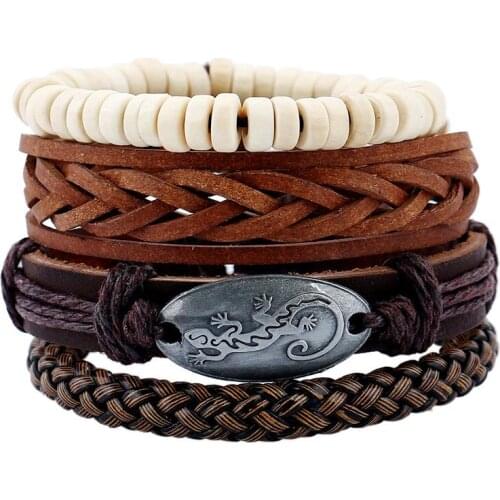 Fashion Vintage Retro Braided Leather Bracelets Set Lizard Gecko Charm Beads Multilayer Rope Chain Wristband Bangle Wrap Jewelry