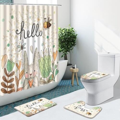Cartoon Rabbits Flower Green Leaf Bear Shower Curtain Non-Slip Flannel Rugs Toilet Cover Bath Mat Bathroom Set Indoor Home Decor