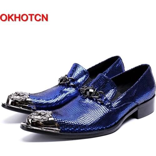 Metal Decor Men Genuine Leather shoes fashion blue Slip On Mens Wedding Dress Shoes Metal Toe Business Leather Shoe Flats