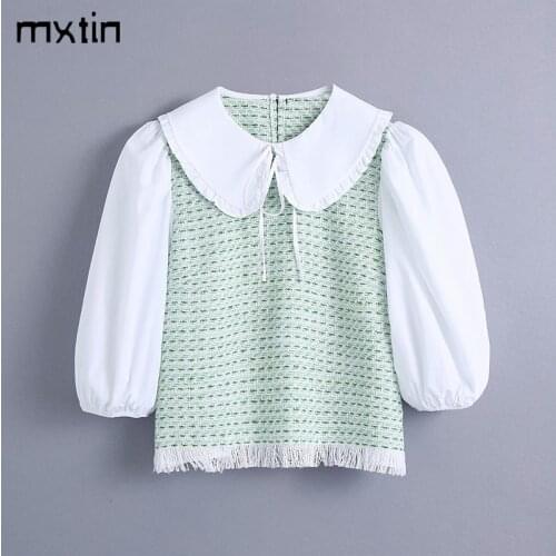 MXTIN 2021 Women Summer Fashion Patchwork Tweed Blouses Vintage Peter pan Collar Puff Sleeve Bow Tie Female Shirts Casual Top
