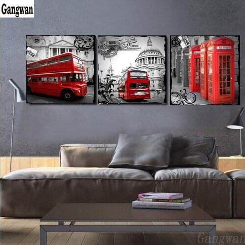 3pcs set 5D DIY Diamond Painting London Street Red bus telephone booth Cross Stitch kits embroidery Mosaic rhinestone wall paint