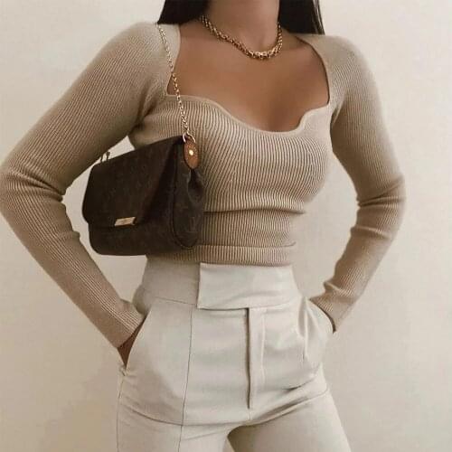 2021 New Women Knitting Sweaters Top Long-arm Heart-neck Casual Fashion Mrs Slim-fit Tight Knitted Sweater Sweater Tops