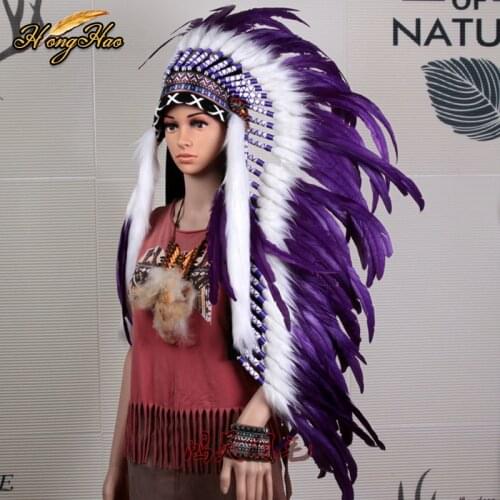Indian Feather headdress replica made purple feather headpiece costumes handmade feather hat costumes
