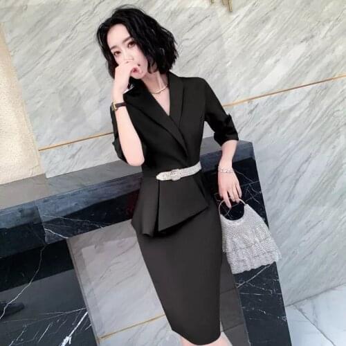 Half Sleeve Dresses For Women Business Work Wear Slim Hips V-neck Dress Office Ladies Vestidos with Belt