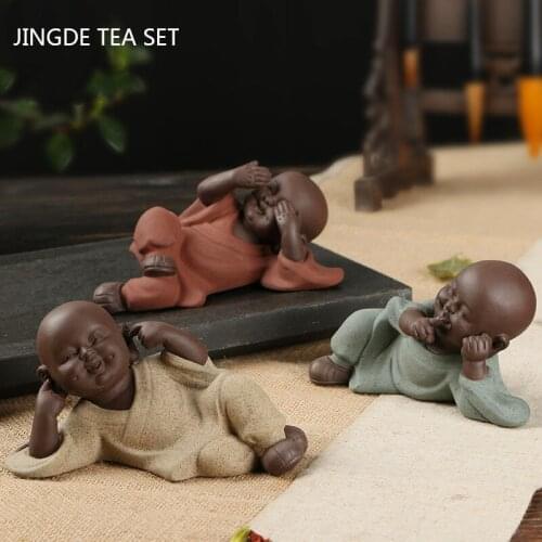 Handmade Purple Clay Tea Pet Three No Small Monks Tea Table Ornament Office Desktop Decoration Home Flower Pot Decor Crafts