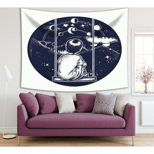 Tapestry Size on A Swing Looking at Mountain Stars Lunar Phases Astronomy Universe Theme Art Navy Blue White