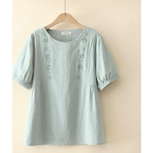 Plus Size Womens Full Cotton Summer Tshirts Vintage Floral Embroidery Short Sleeve Tops Oversized A-line Shirts