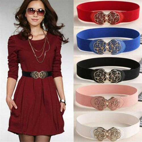 2020 HOT Belt Simple Women Imitation Leather Belt Thin Skinny Rose Flower Metal Elastic Buckle Waistband Belt Dress Accessories