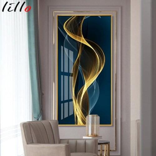 Blue abstract decorative painting line crystal porcelain painting Nordic luxury living room vertical decorative painting