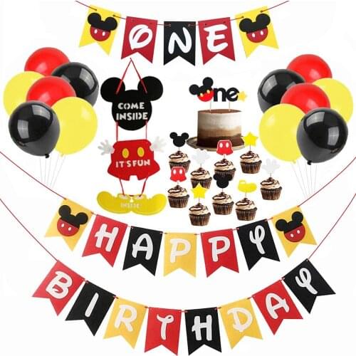 Mickey Birthday Party Decorations Banner Balloons Supplies Boys Girls First Birthday Party with Cake Topper