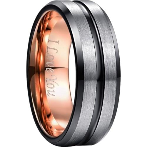 VAKKI Inner Rose Gold Wedding Ring For Men Women Black Bevel Frosted Surface Tungsten Steel Promise Ring