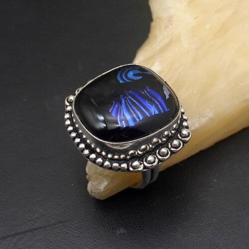 Vintage Charms Natural Dichroic Glass Silver Color Jewelry Band Ring For Women Size 9 HD225