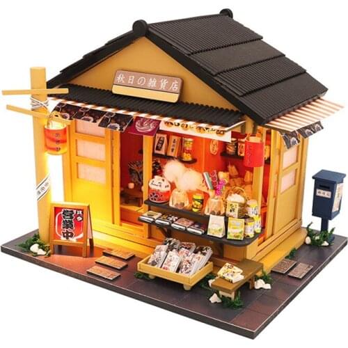 Japanese Architecture Grocery Store Wooden Dollhouse Miniature Furniture With LED Kits Doll Houses Assemble Toys Kids Gift Casa