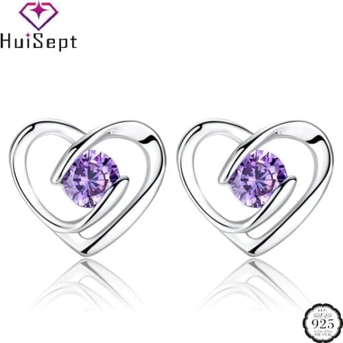 HuiSept Earrings 925 Silver Jewelry Heart Shape Amethyst Gemstone Stud Earring for Women Wedding Engagement Accessories Party