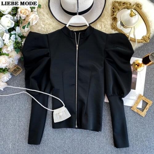 Women Vintage Chiffon Crop Tops Puff Sleeve Stand Collar Blouses and Shirts for Ladies Zipper Front Back Wearing Fashion Blusas