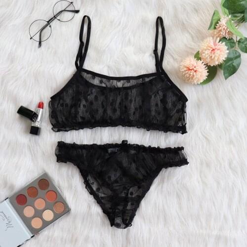 Underwear Women Sexy Dot Mesh Bra Bowknot Underpants Sleepwear Black Lace hollow Lingerie Set S-XL Thin perspective