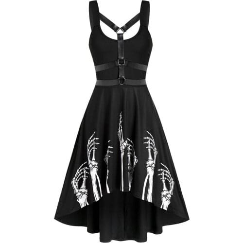 Women Sleeveless Retro Skeleton Print Ghost Claw Print Insert High Low Dress Summer Straight Knee-Length Dress Casual Clothing
