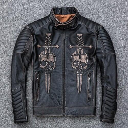 2020 Vintage Black Men Skulls Bikers Leather Jacket Plus Size 4XL Genuine Thick Cowhide Slim Fit Motorcycle Coat FREE SHIPPING