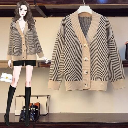 2021 Full Sleeve Loose Knitted Cardigan Jacket L-4Xl Women Winter Striped V Neck Sweater Coat Single Breasted