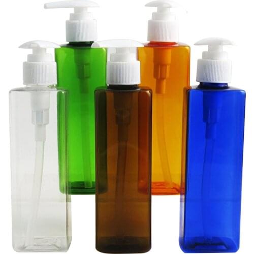 30 x 8oz Big Plastic Square Clear Blue Amber Bottle Cosmetic Cream Shampoo Lotion Press Spray Bottles with White Pump 240ml