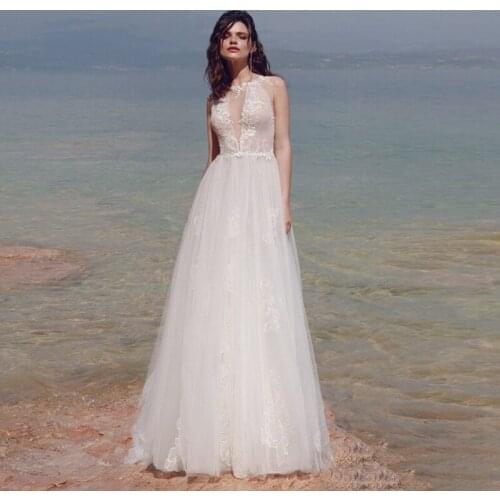 Eightale Beach Wedding Dress O-Neck Appliques Lace Boho Wedding Gown A-Line Elegant White Tulle Bridal Dress robe de mariée