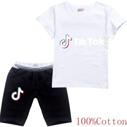 TIK TOK summer new childrens cotton T-shirt + shorts printing boys and girls casual fashion 2pcs suit