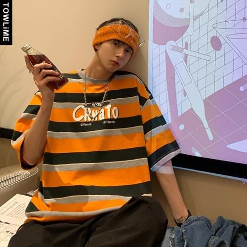 Fashion New Summer Men Colorful Striped Short Sleeve Cotton T shirts Korean Women Loose Letter Print Pullovers Tees Casual Tops