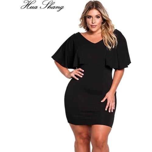 Hua Shang Women Summer V Neck Causal Mini Dress Elegant Ruffles Short Sleeve Slim Bodycon Pencil Dress Large Size Robe Femme