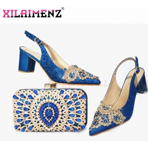 Blue Color Nigerian Women Shoes and Bag Set Pointed Toe Sandals Shoes Matching Bag with Wedding Dress for Party